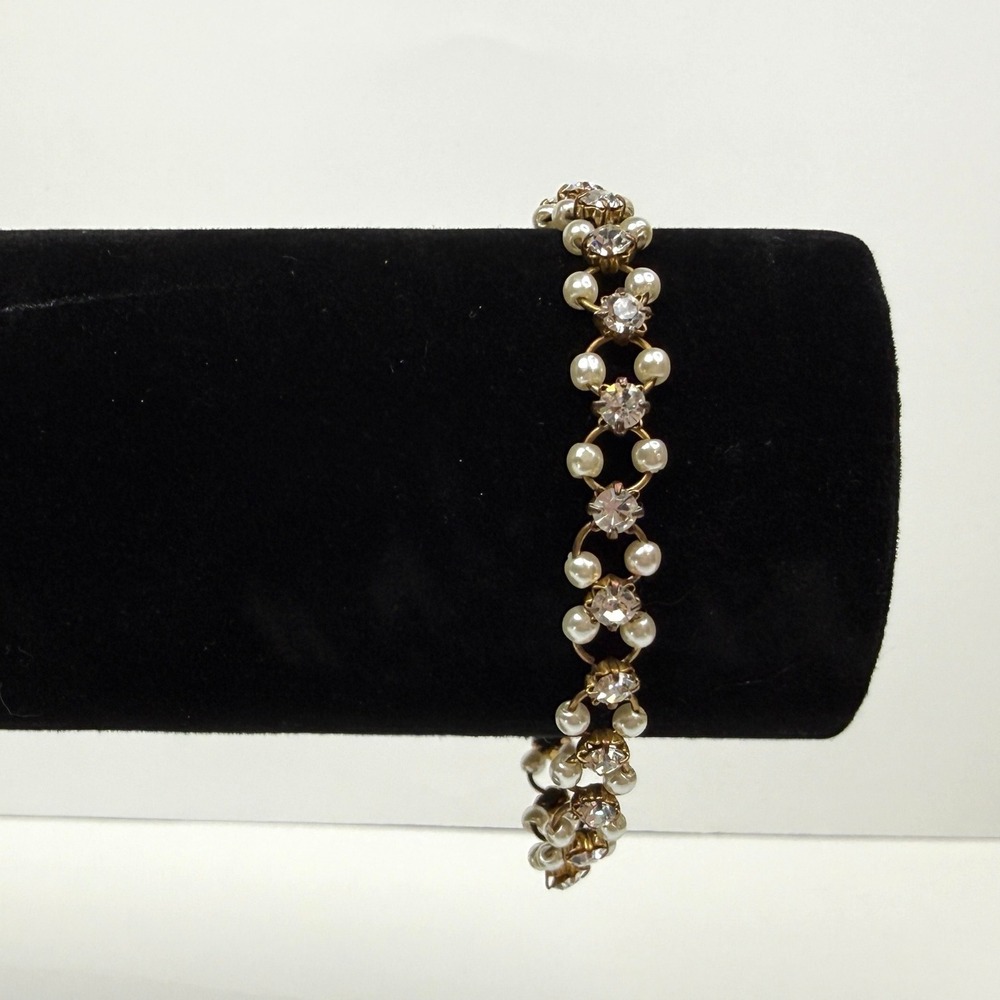 Antique Gold Tone Rhinestone Faux Pearl Bracelet Elegant Fashion Jewelry Sz 7